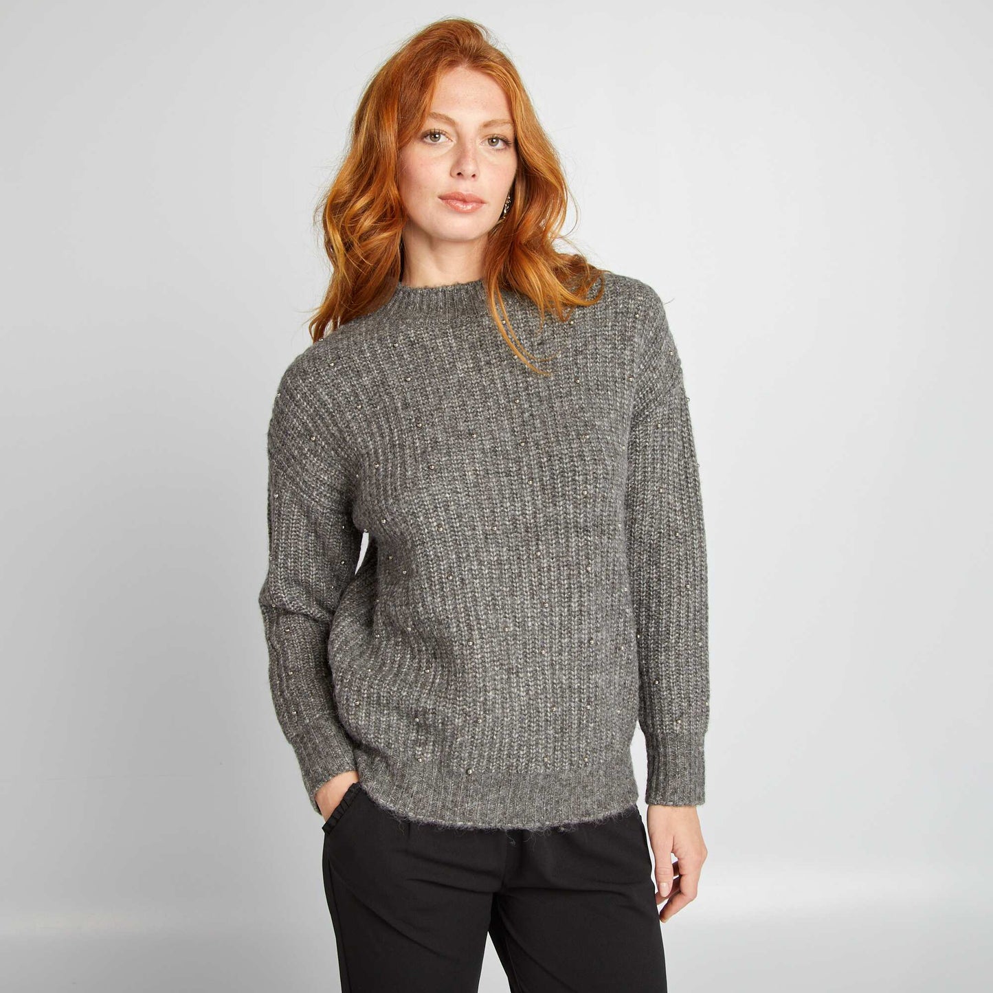 Knitted sweater with decorative beads GREY