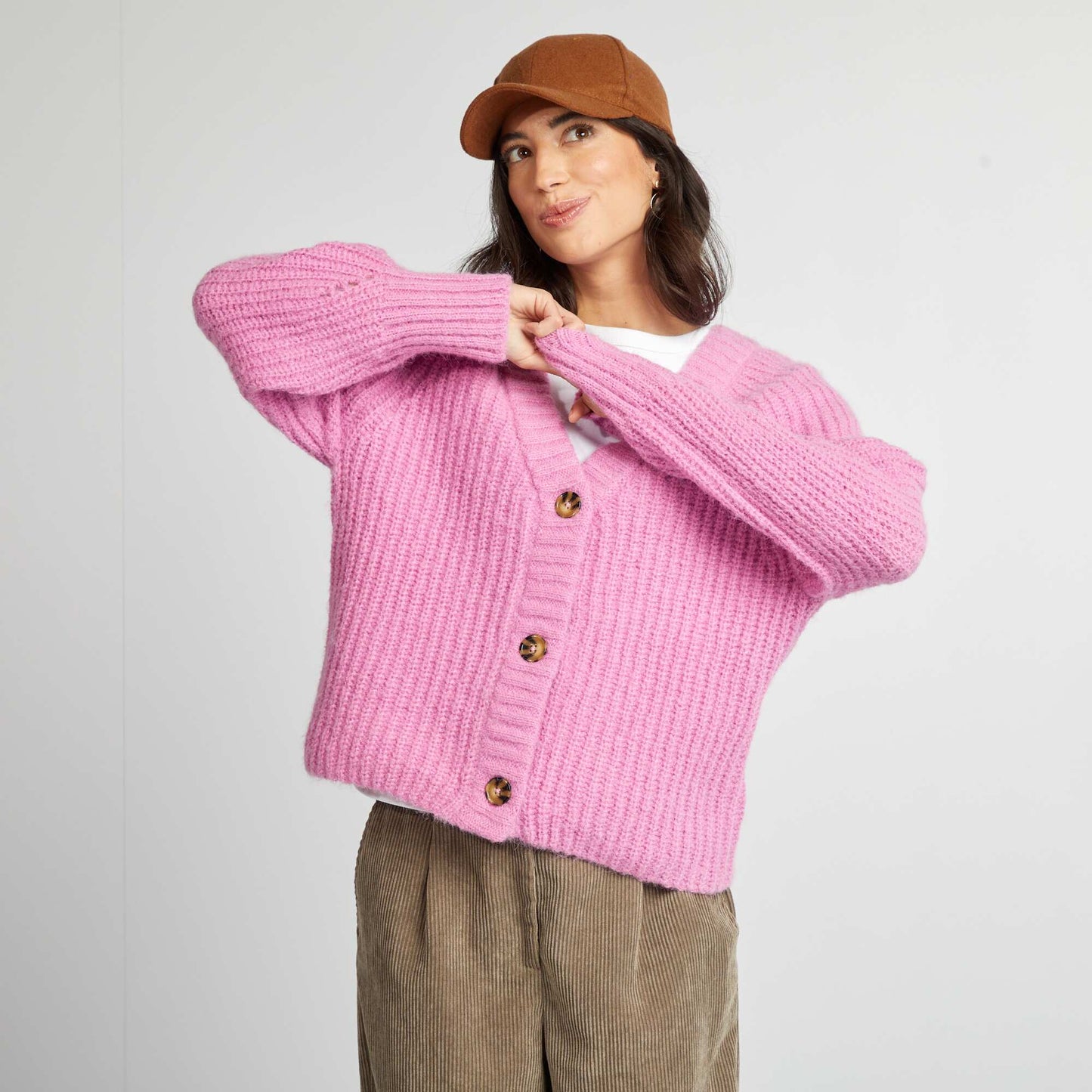 Chunky knit button-up cardigan PINK