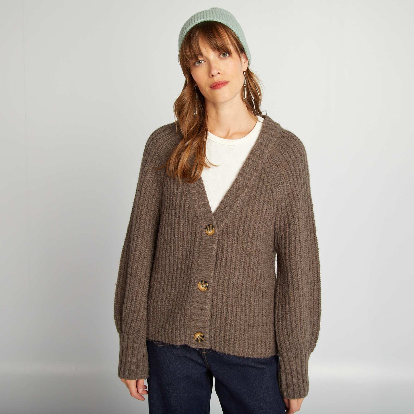 Chunky knit button-up cardigan BROWN