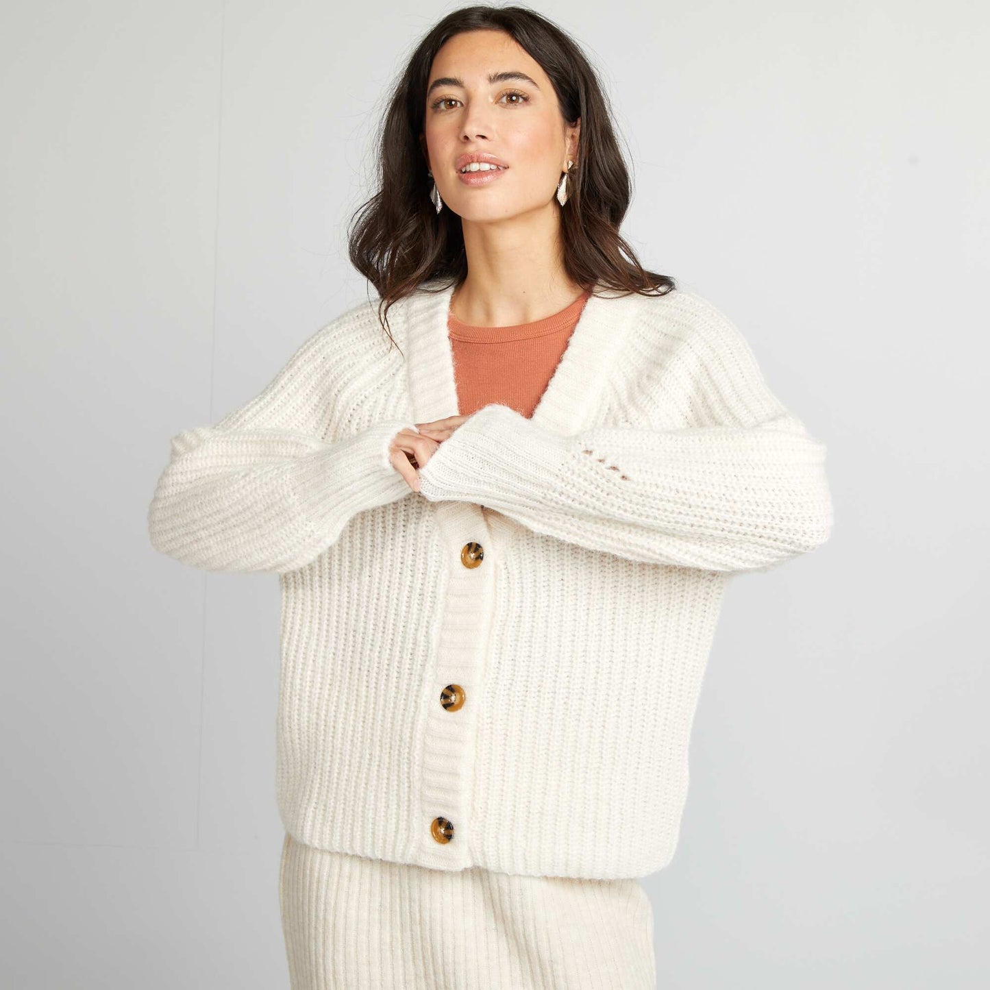 Chunky knit button-up cardigan BEIGE