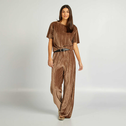 Wide-leg pleated velvet trousers BROWN