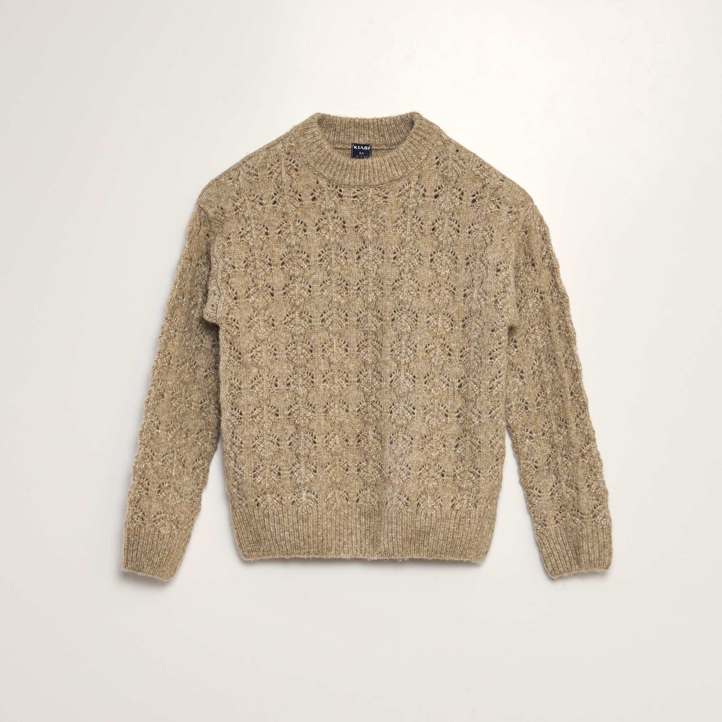 Openwork knit jumper with round neck BEIGE