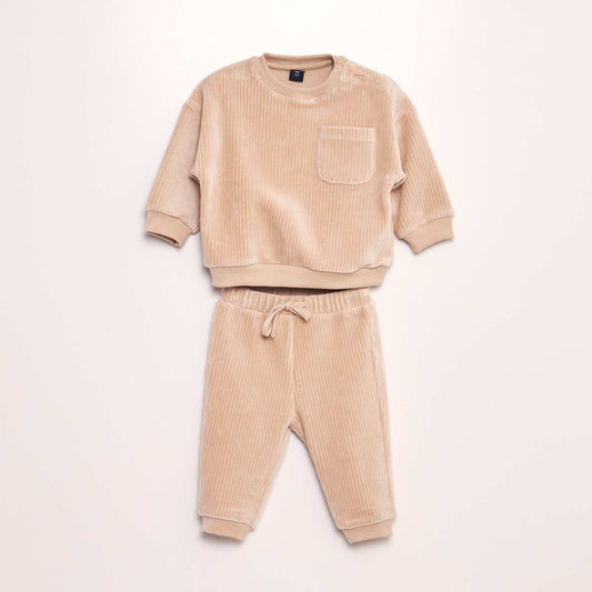 Velour sweatshirt and trousers tracksuit set - 2-piece set BEIGE