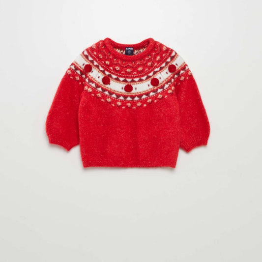 Warm jacquard pattern jumper with pompoms RED