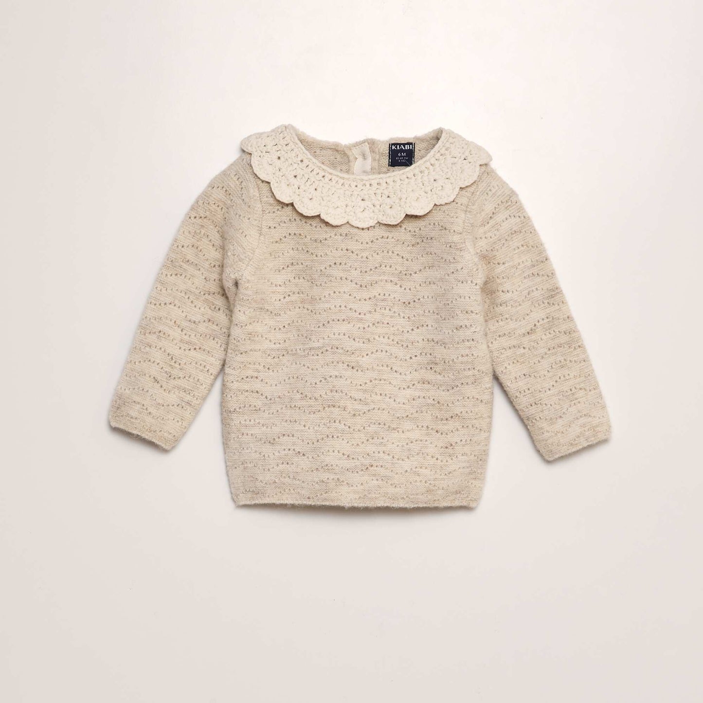 Knitted sweater with crochet collar BEIGE