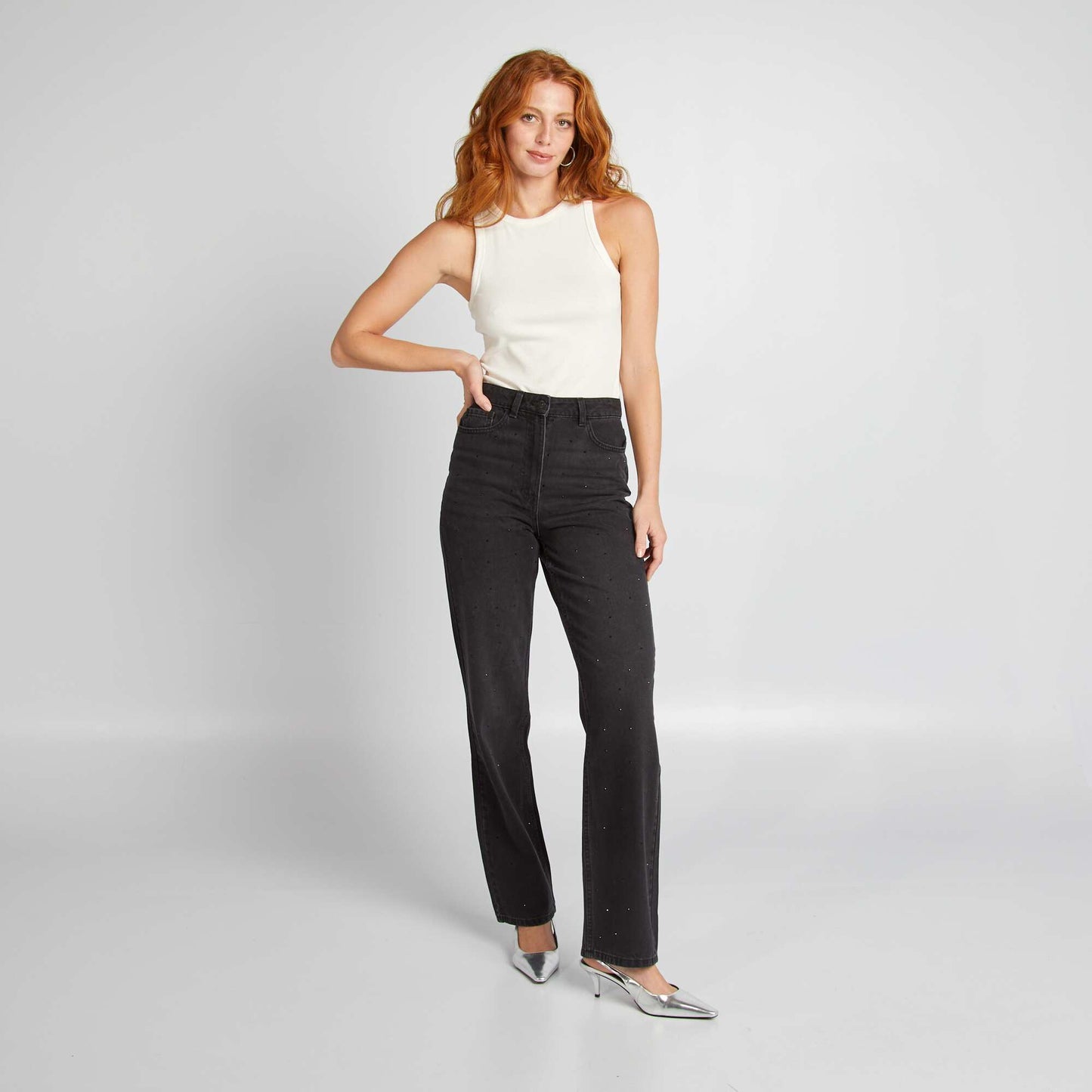 Straight high-waist trousers with diamantés - L32 GREY