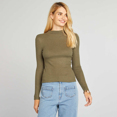 كنزة محبوكة مضلعة ناعمة مضلعة KHAKI