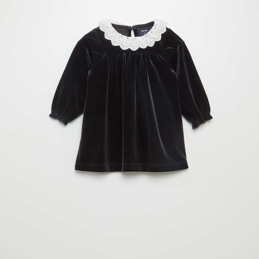 Velour dress with broderie anglaise collar black