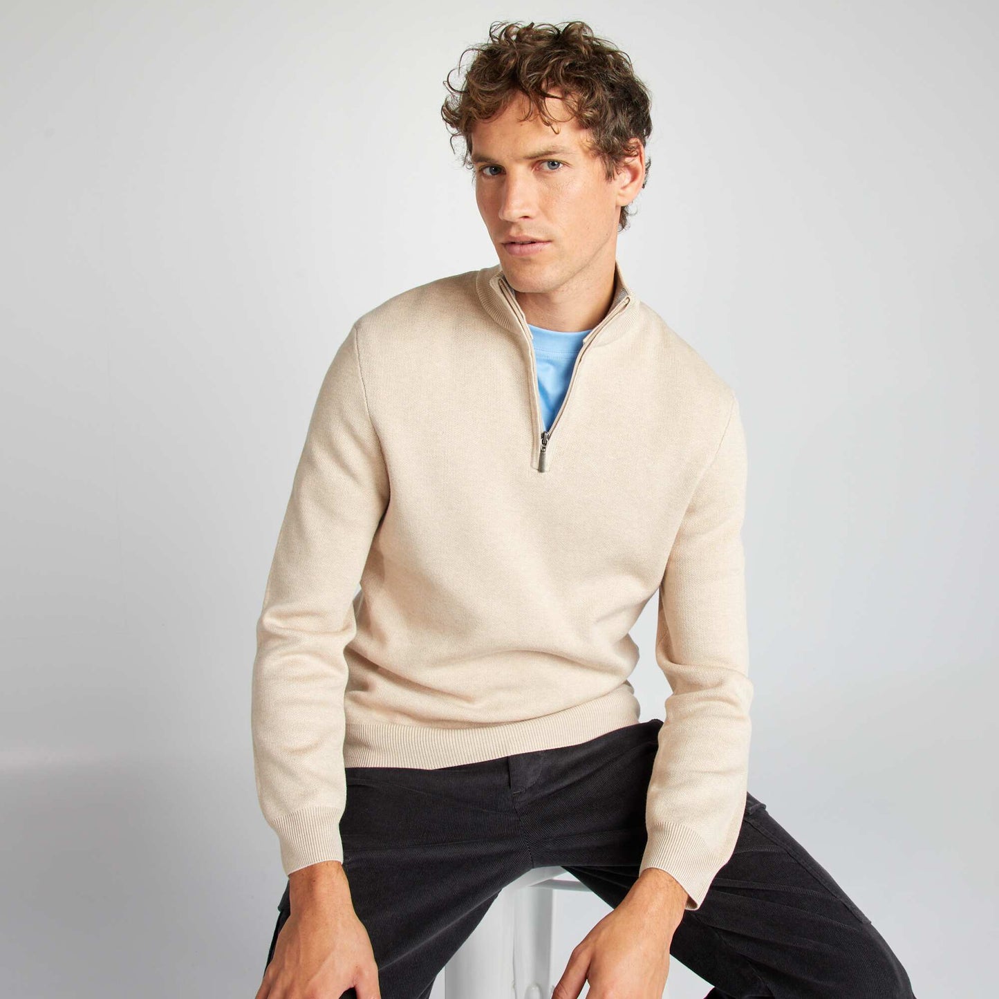 Plain sweater with zip-up high neck BEIGE