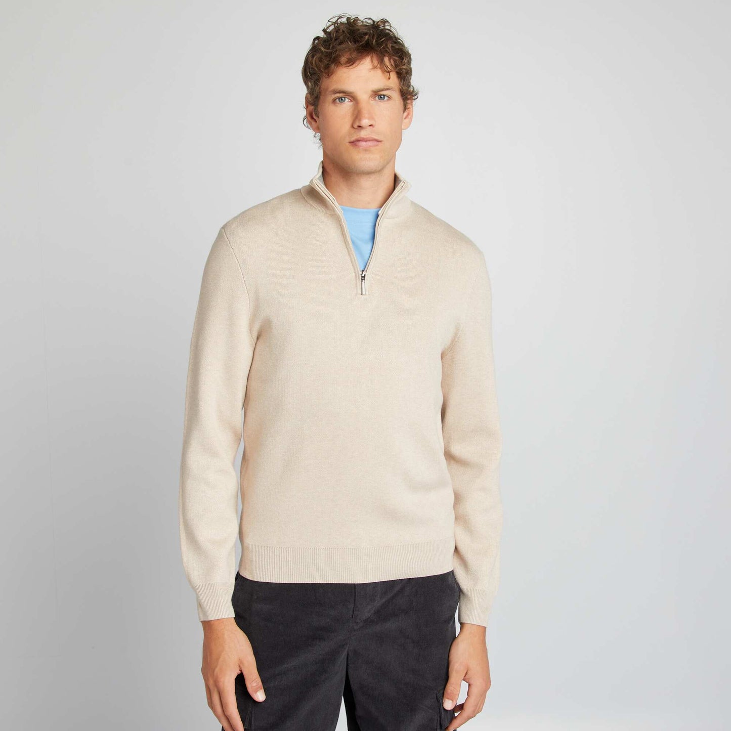 Plain sweater with zip-up high neck BEIGE