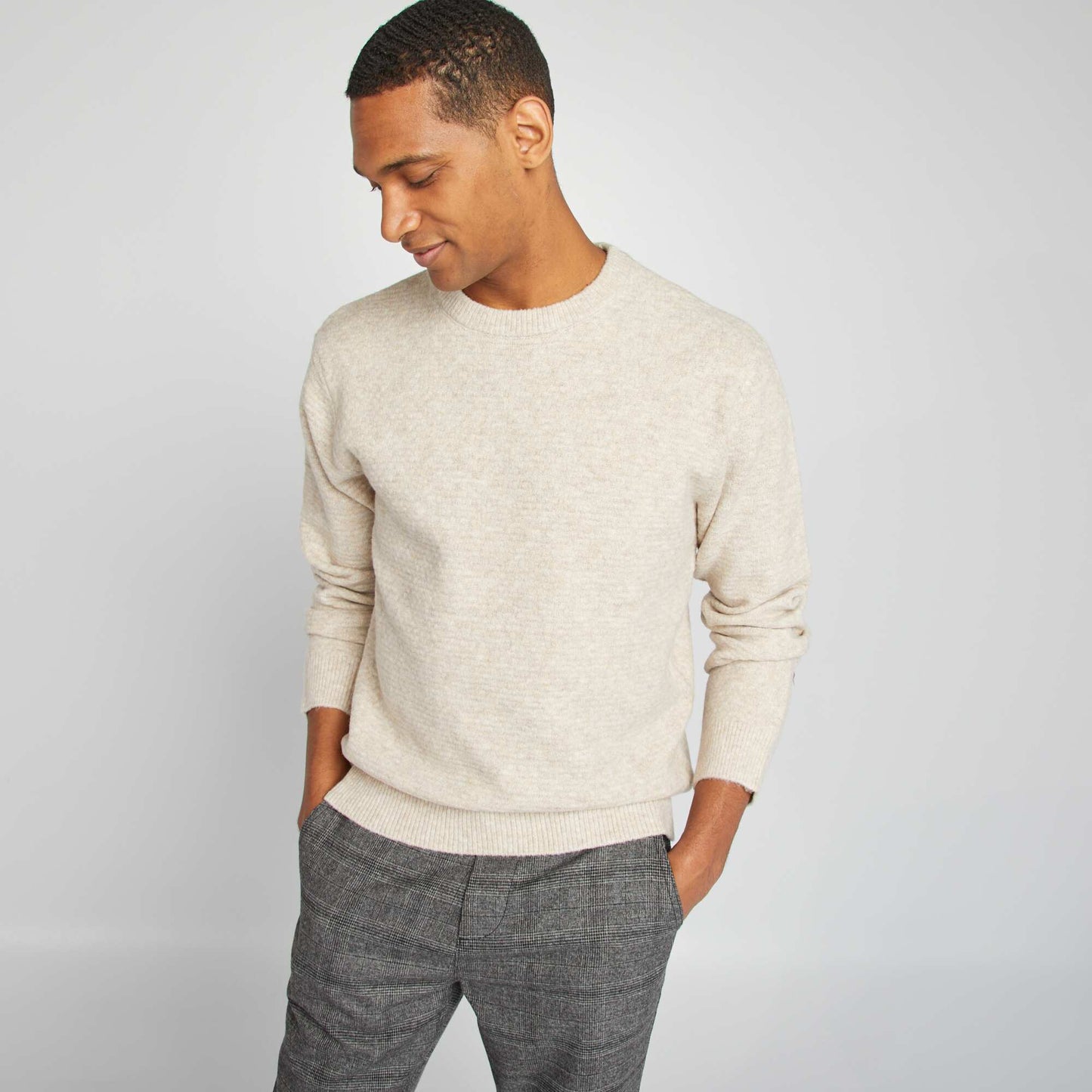 Round-neck knit sweater BEIGE