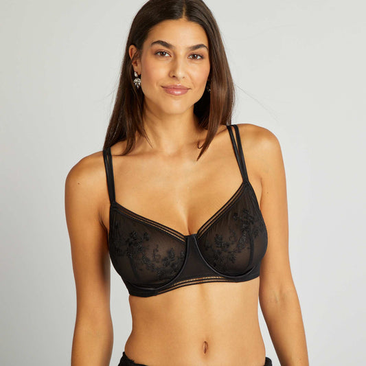 Embroidered mesh demi-cup bra for D&E cups black