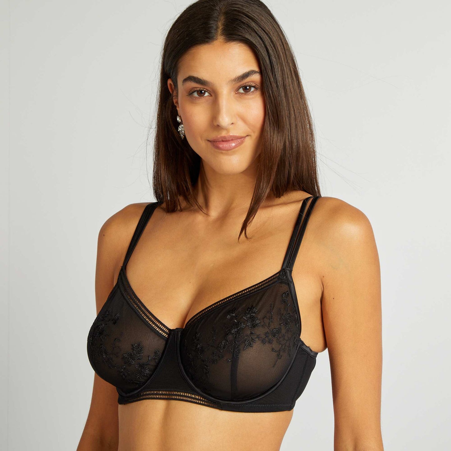 Embroidered mesh demi-cup bra for D&E cups black