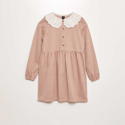 Long checked dress with scoop neck BEIGE