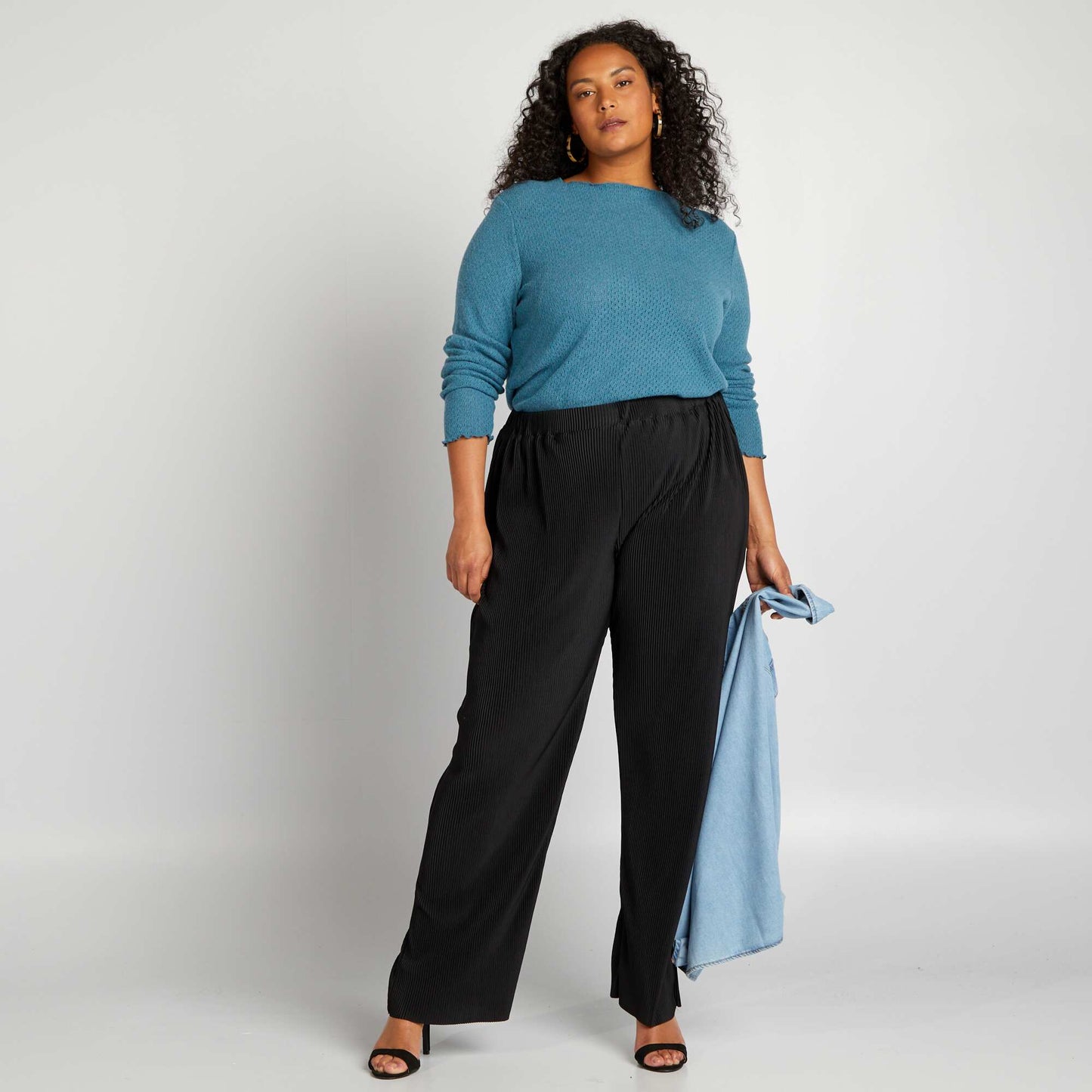 Pleated knit fabric wide-leg trousers BLACK