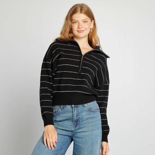 Striped zip-up high-neck sweater BLACK