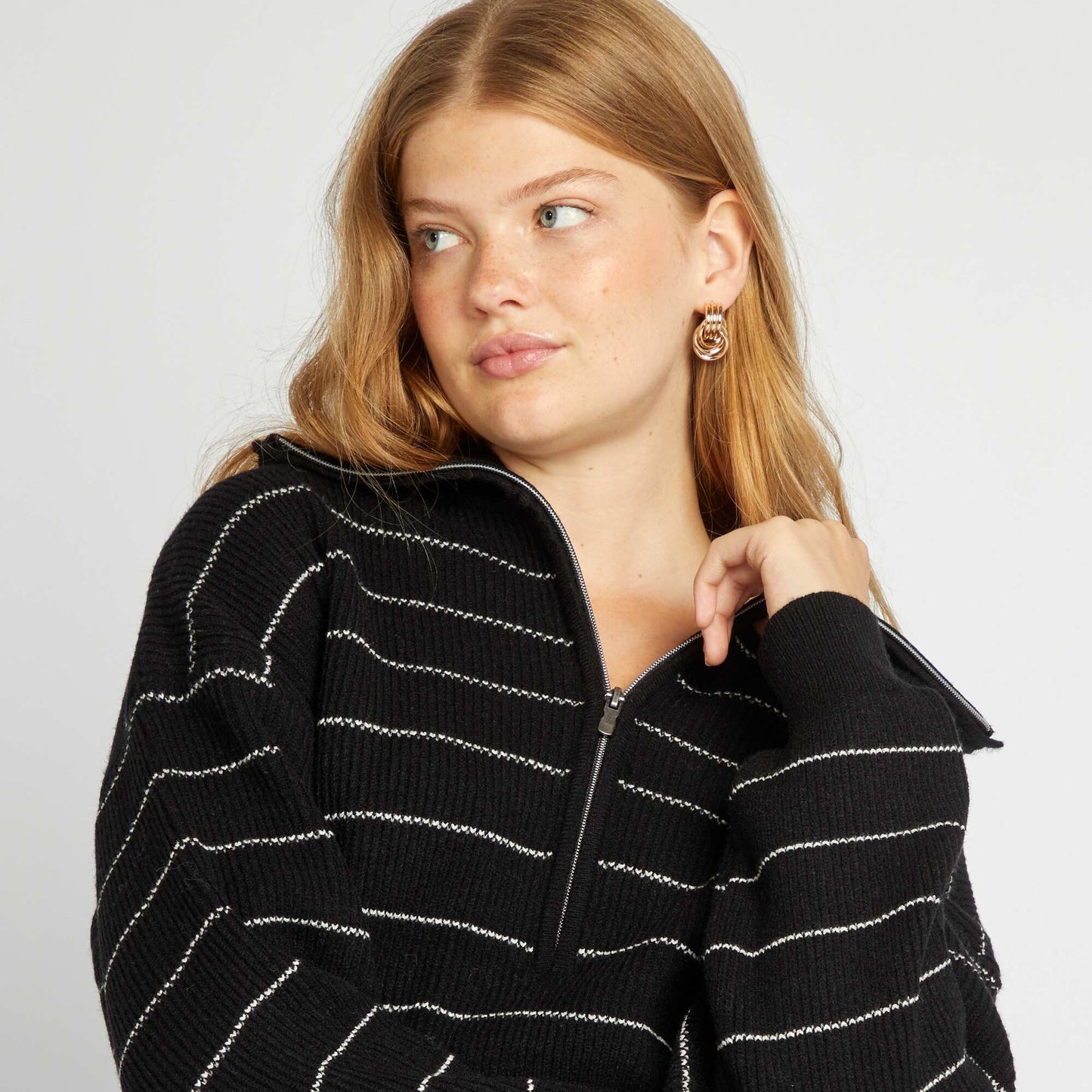 Striped zip-up high-neck sweater BLACK