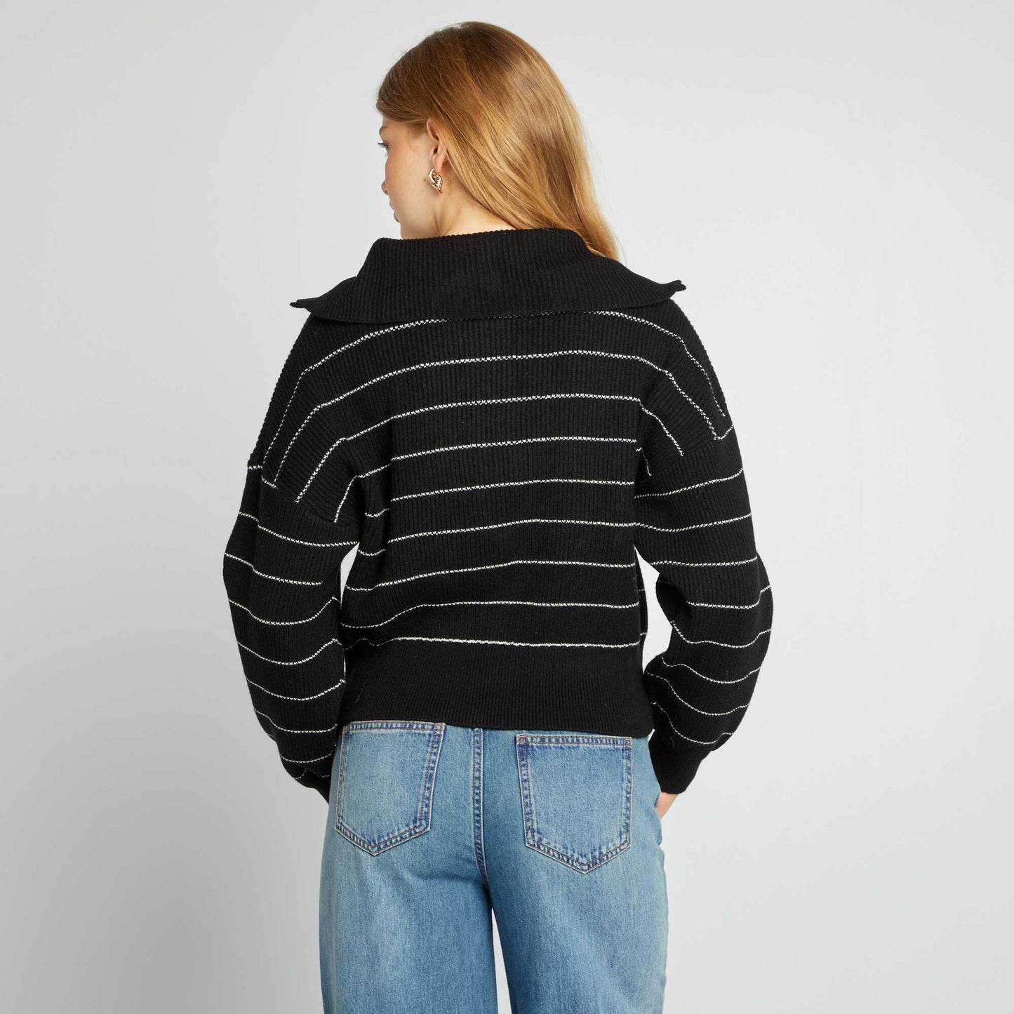 Striped zip-up high-neck sweater BLACK