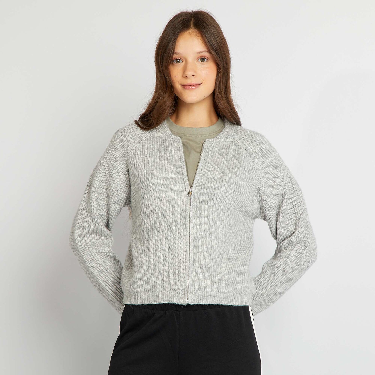 Braided knit zip-up knit cardigan GREY