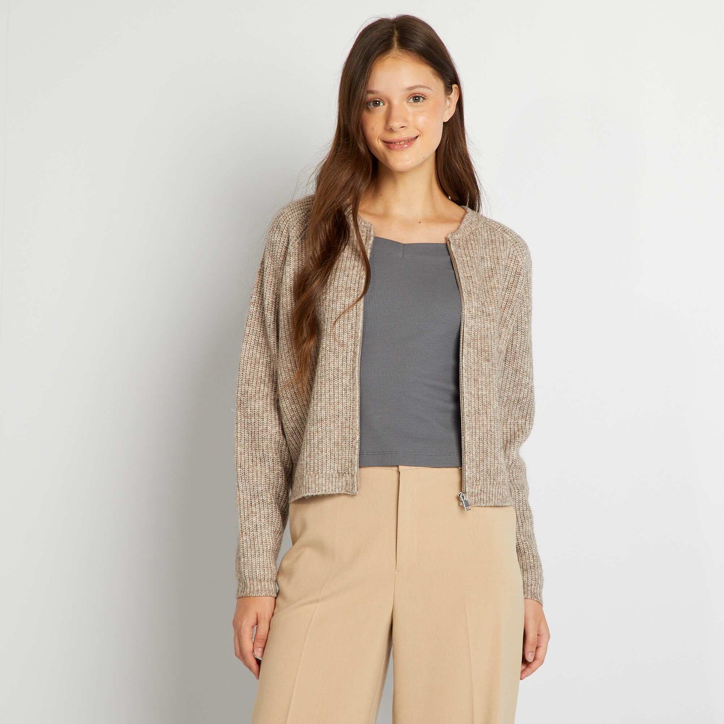 Braided knit zip-up knit cardigan BEIGE