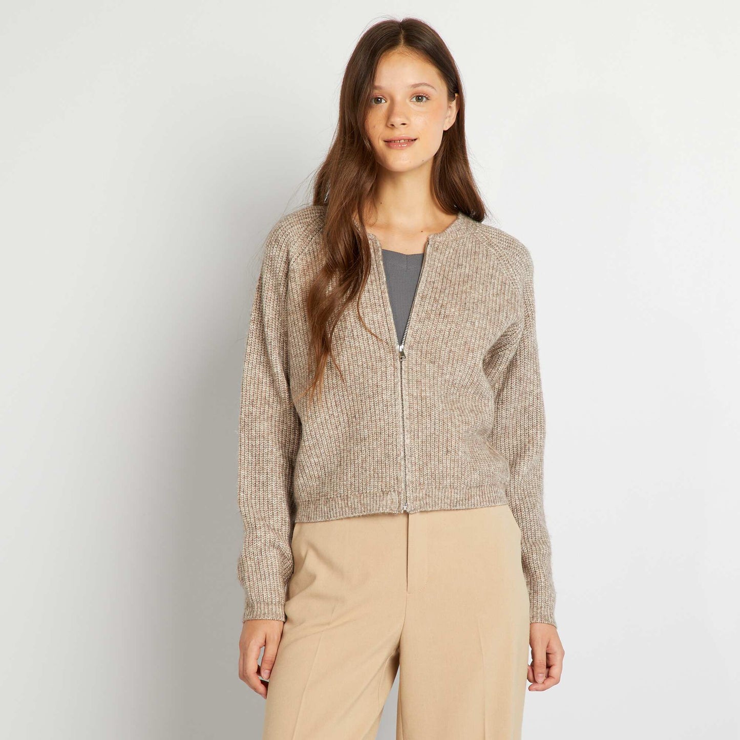 Braided knit zip-up knit cardigan BEIGE