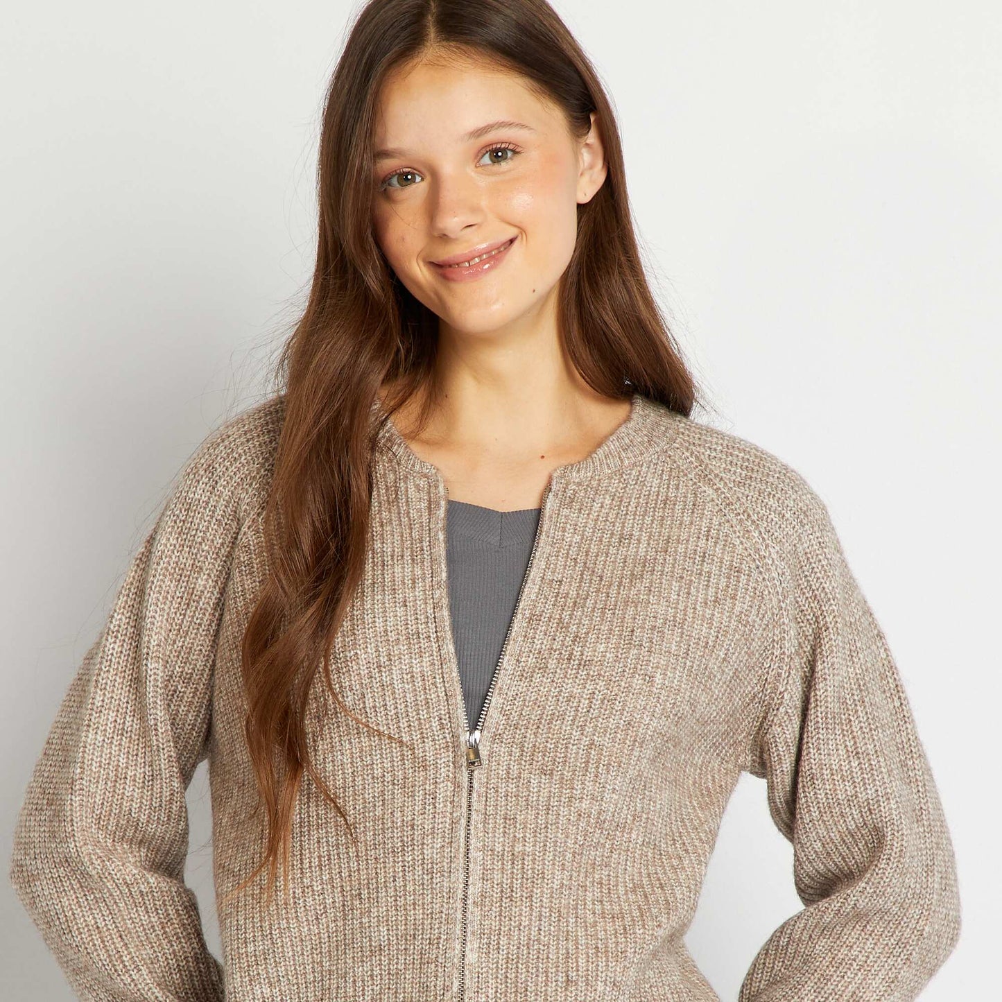 Braided knit zip-up knit cardigan BEIGE