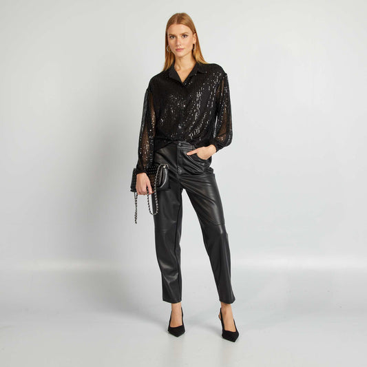 Straight-leg faux leather trousers black