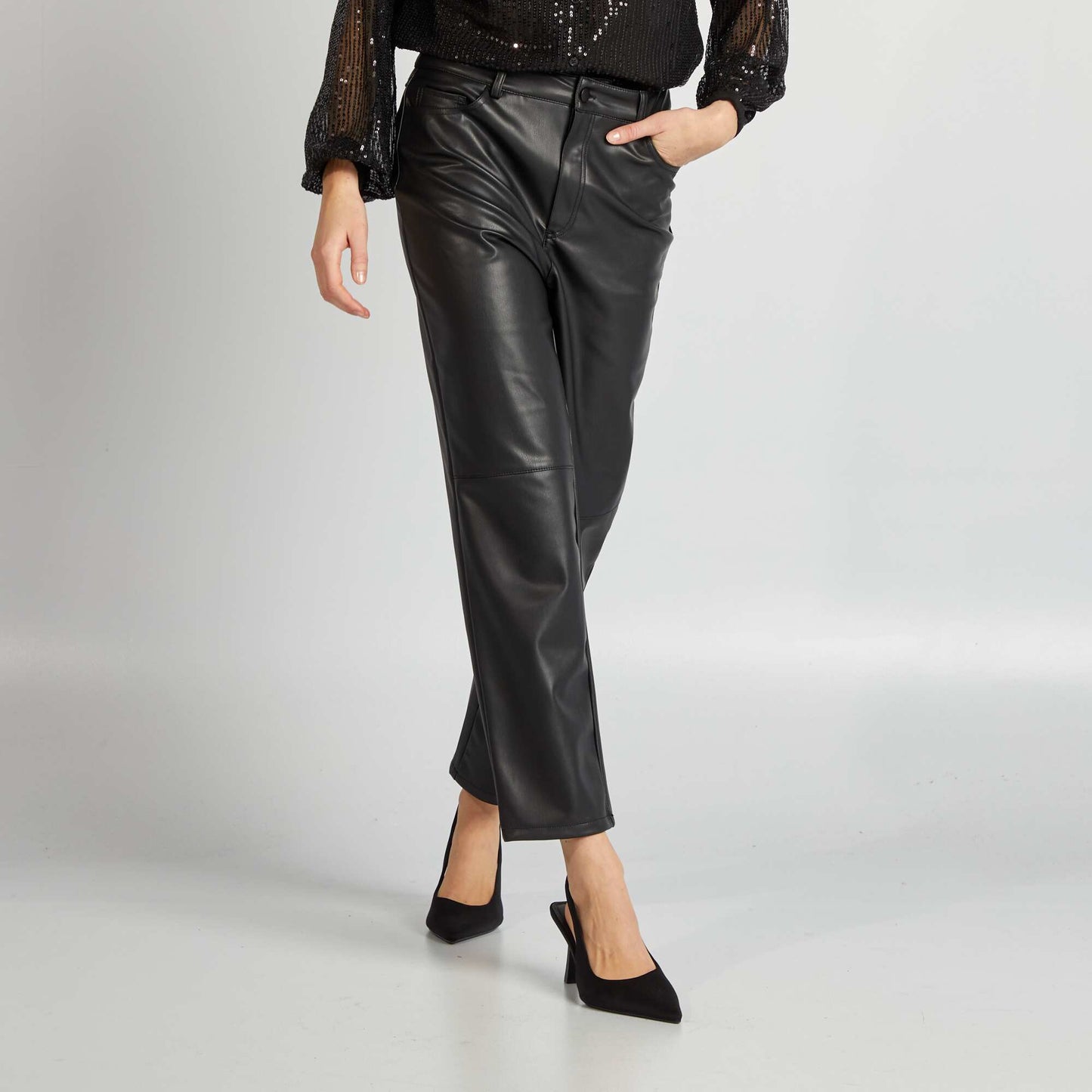 Straight-leg faux leather trousers black