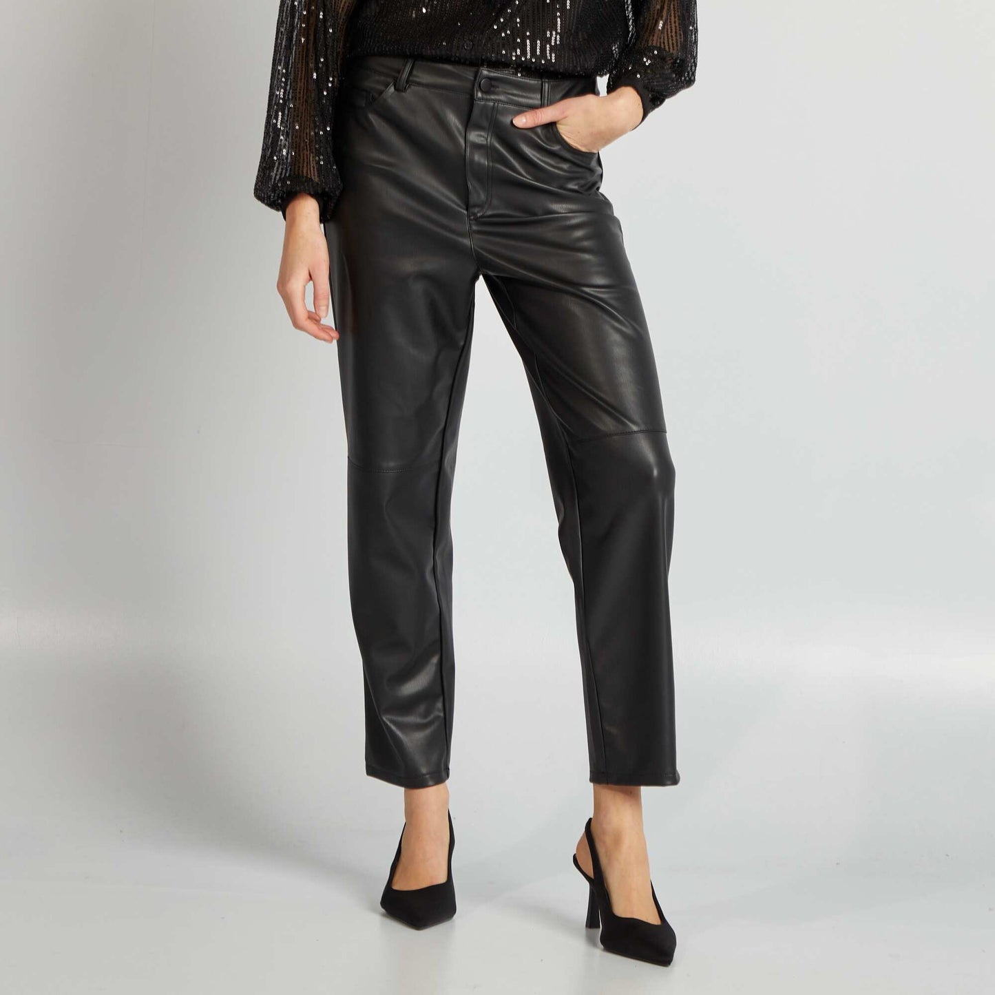 Straight-leg faux leather trousers black