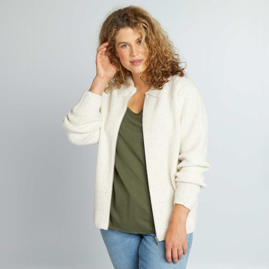 Zip-up polo neck cardigan BEIGE