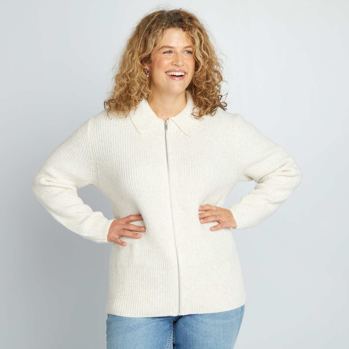 Zip-up polo neck cardigan BEIGE