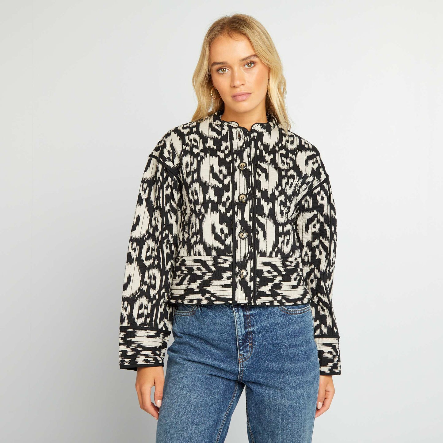 Cropped quilted ikat print jacket BLUE