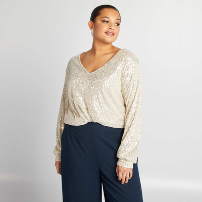 تي شيرت بأكمام طويلة مطرز بالترتر أصفر