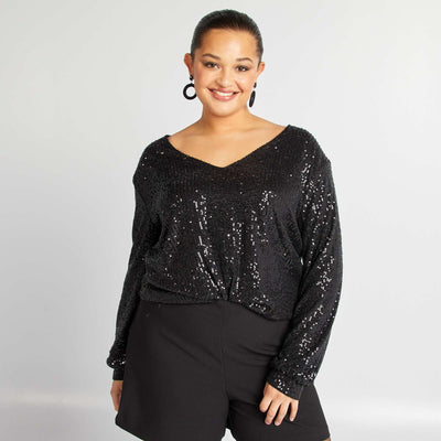 تي شيرت بأكمام طويلة مطرز بالترتر أسود