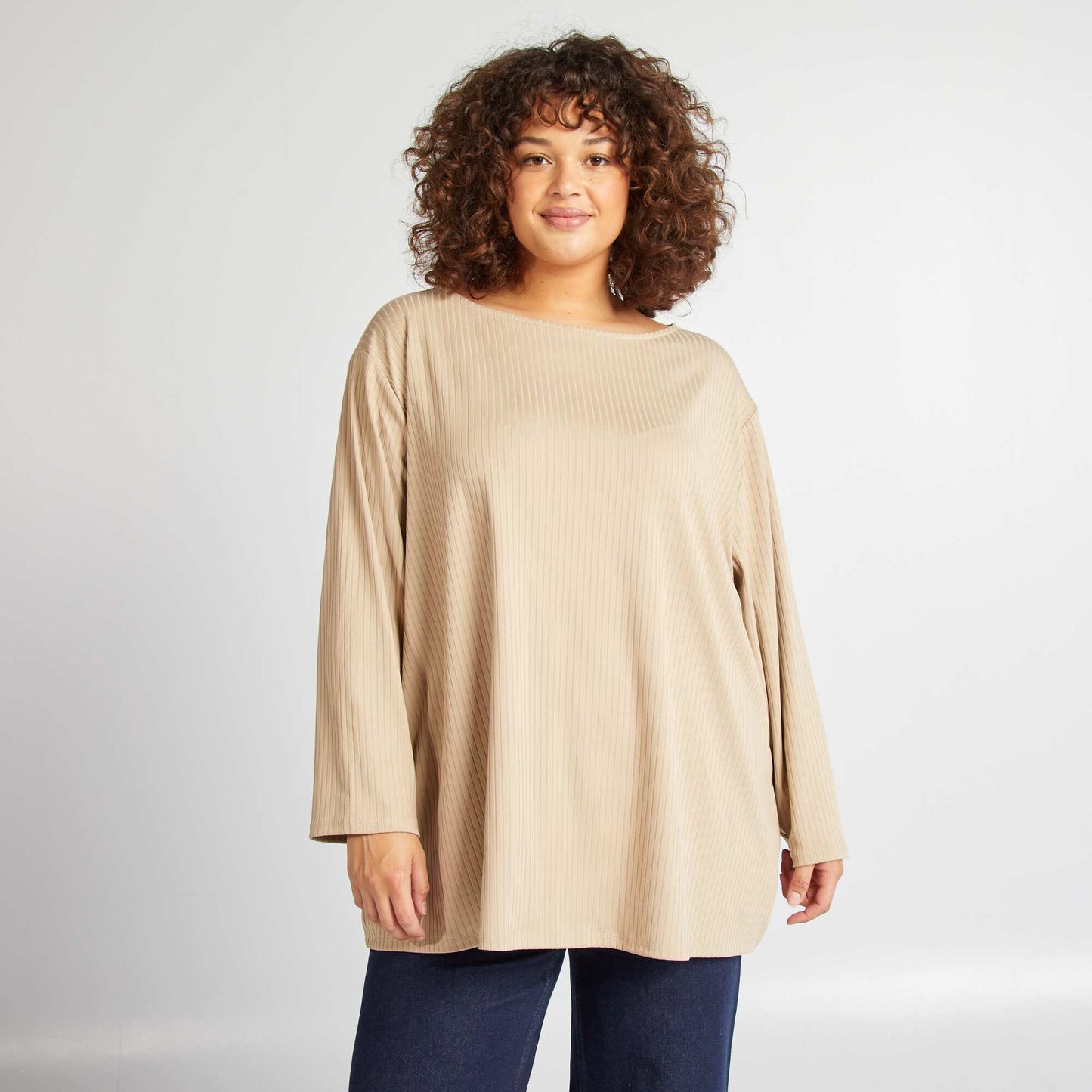 Ribbed T-shirt with long sleeves BEIGE