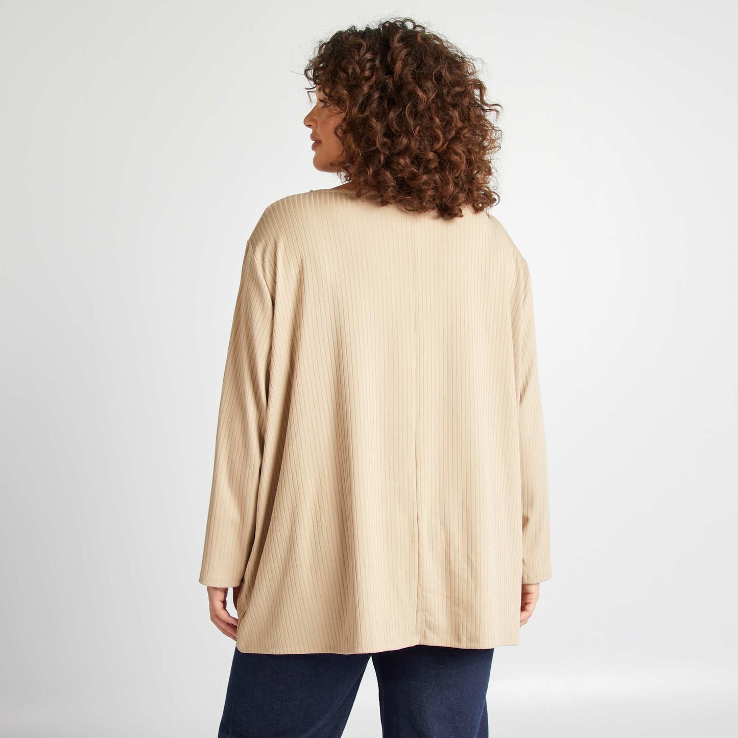 Ribbed T-shirt with long sleeves BEIGE