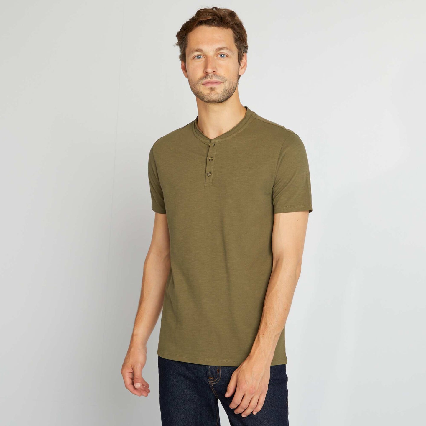 Henley collar T-shirt KHAKI