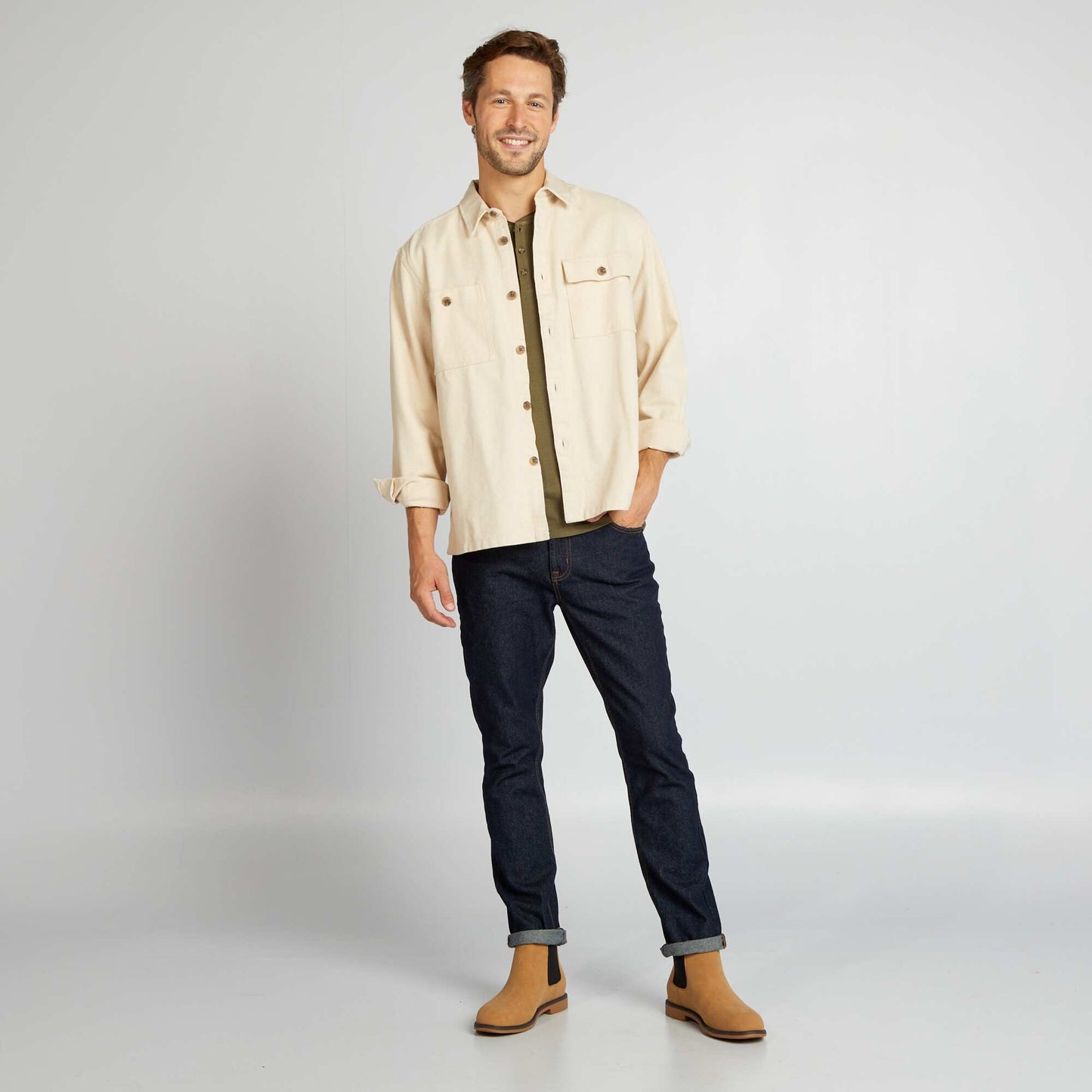 Henley collar T-shirt KHAKI