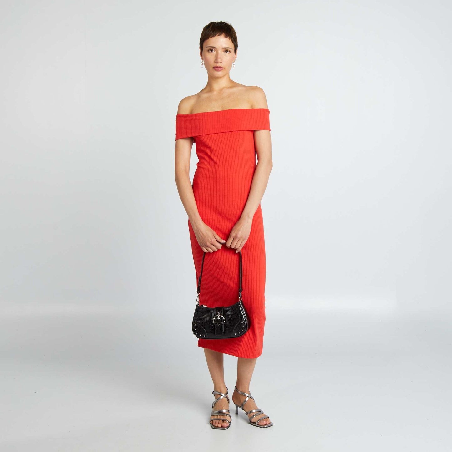 Form-fitting ribbed knit dress with Bardot neckline RED