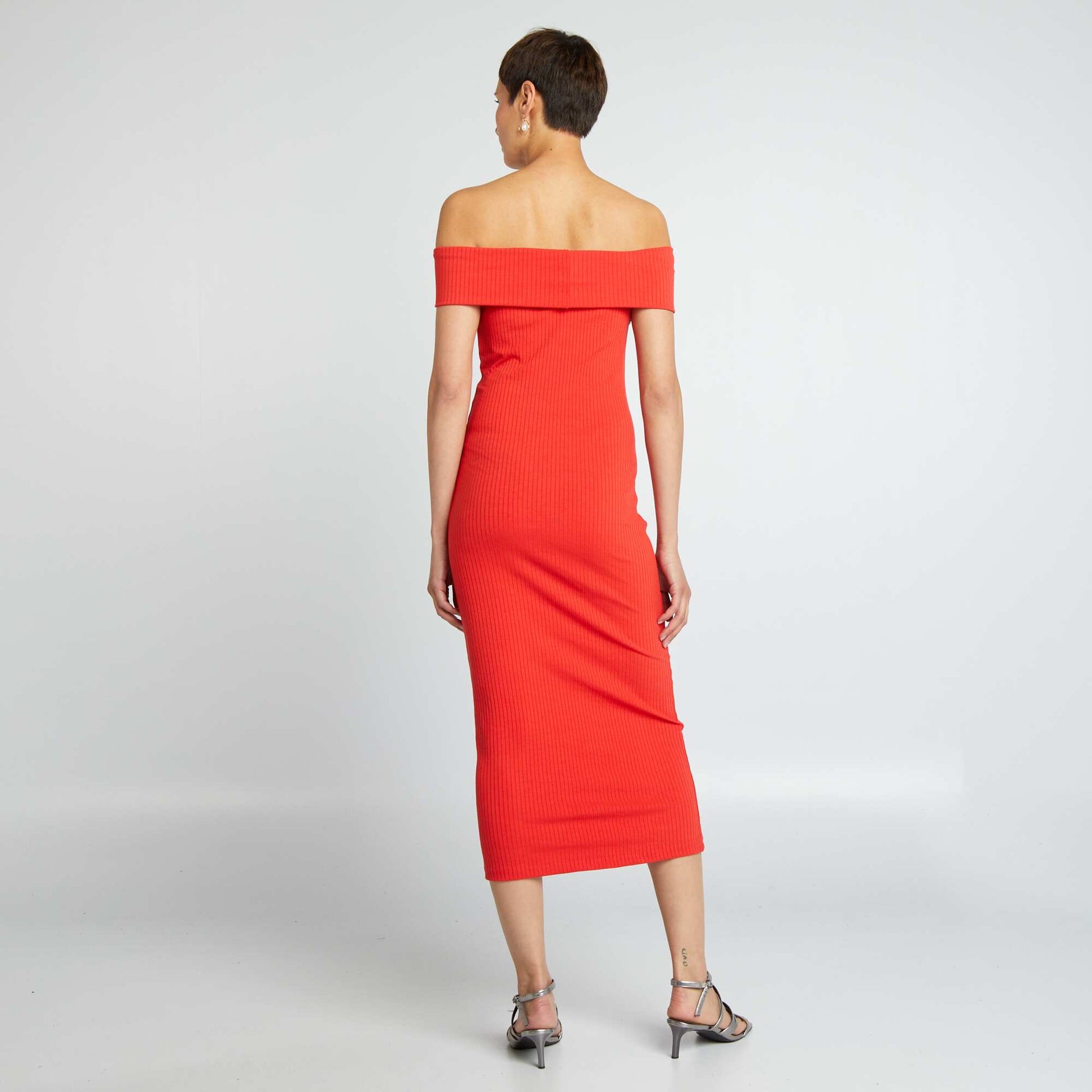 Form-fitting ribbed knit dress with Bardot neckline RED