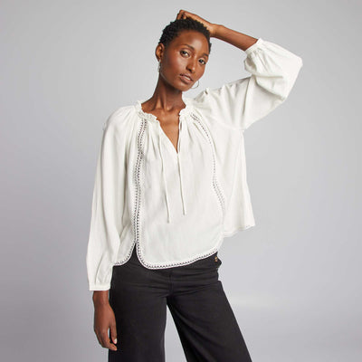 بلوزة فضفاضة من مزيج الكتان الفضفاض باللون البيج