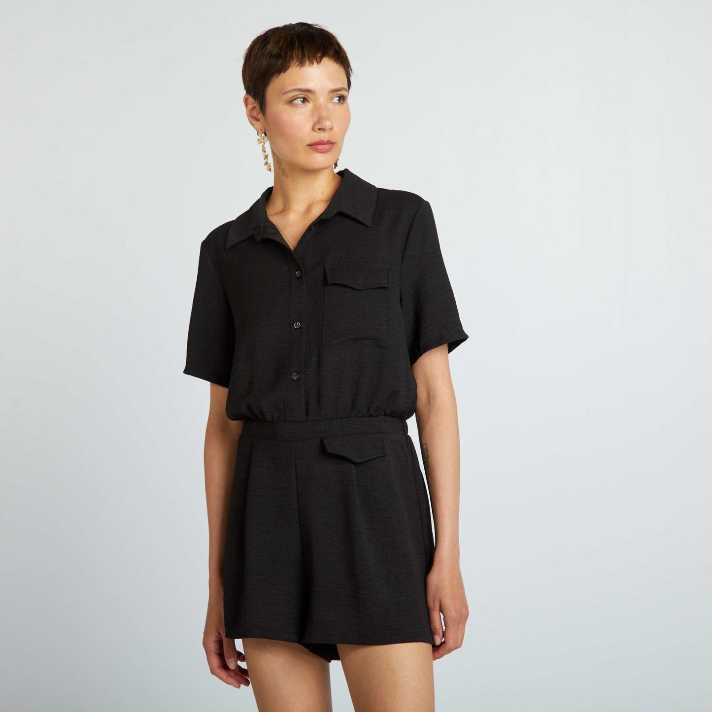 Short-sleeved shirt playsuit BLACK