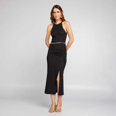 تنورة متوسطة الطول من نسيج الوافل قماش تمتد أسود