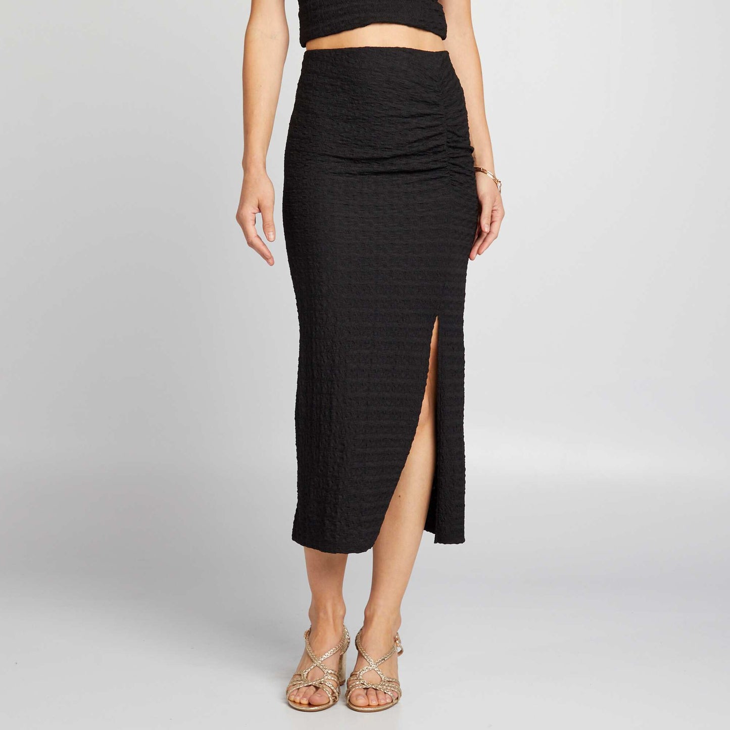 Stretch waffle-knit fabric midi skirt black