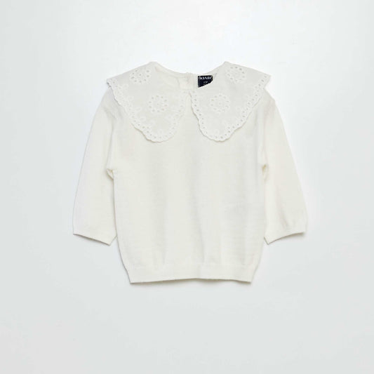 Knit sweater with embroidered collar WHITE