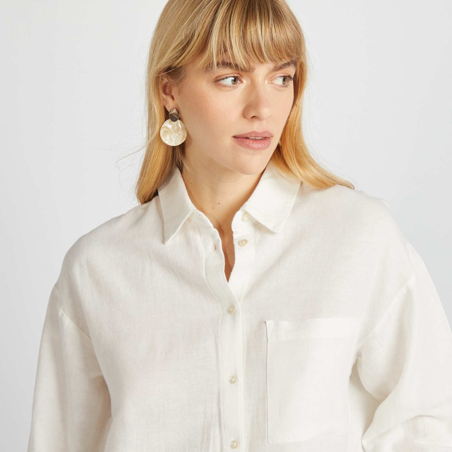 20% linen blend long blouse with breast pocket WHITE