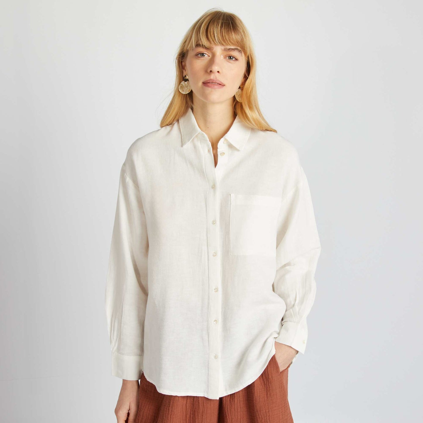 20% linen blend long blouse with breast pocket WHITE