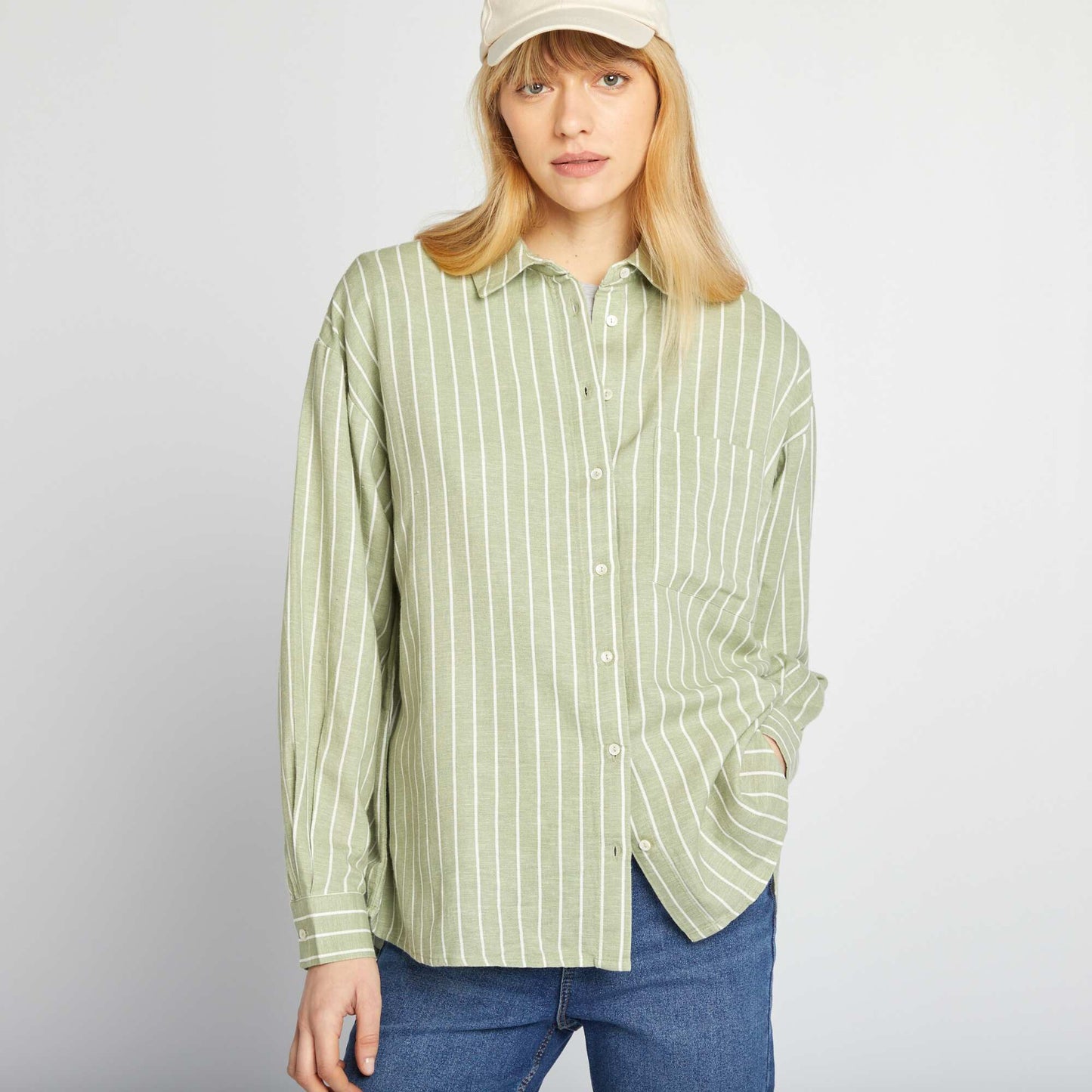 20% linen blend long blouse with breast pocket GREEN