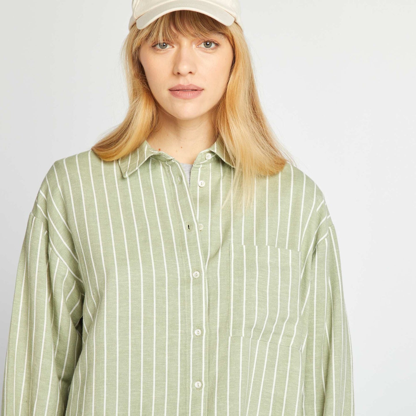 20% linen blend long blouse with breast pocket GREEN