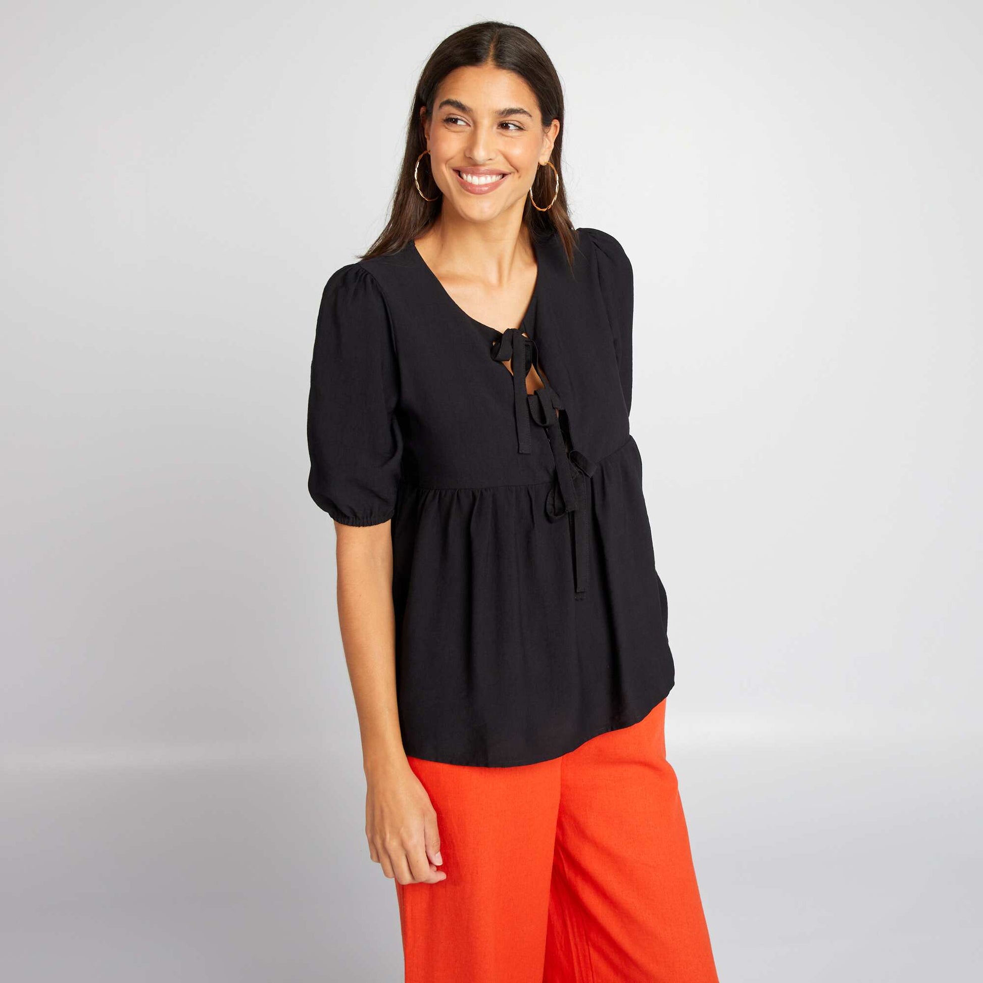 Billowy cropped blouse with bows BLACK